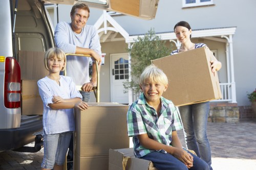 Movers using lifting tools and careful handling during a property move